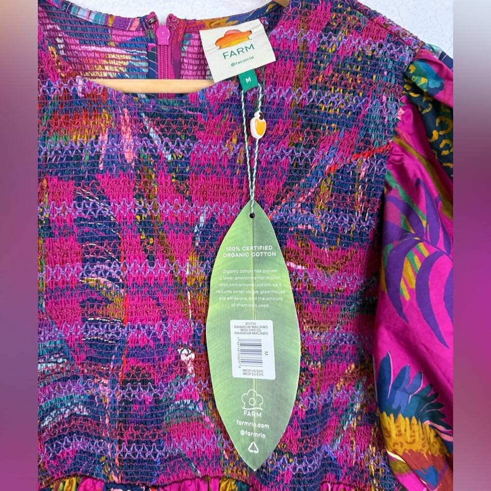 NWT FARM Rio Rainbow Macaws Smocked Puff Sleeve Midi Dress Tropical Resortwear - Picture 9 of 11